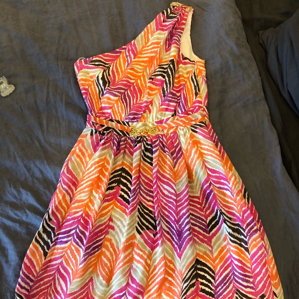 One-shoulder Trina Turk Zig Zag Print Belted Dress